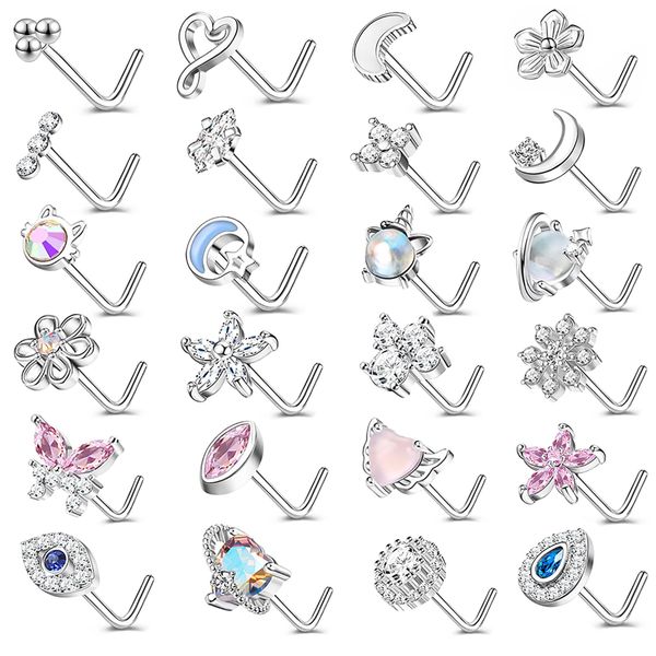 WAINIS 24pcs Hypoallergenic Nose Rings 20G Surgical Stainless Steel Nose Rings Studs L Shaped Screw Studs Rings Cubic Zirconia Nose Ring Silver Nose Piercing Jewelry for Women