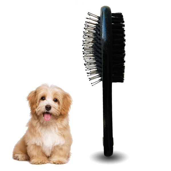 IB KOOT Wooden Dog Brushes for Grooming Double Sided Pet Hair Grooming Brush Professional Dog and Cat Brush for Shedding Ideal for Small and Long Haired Dogs (Black)