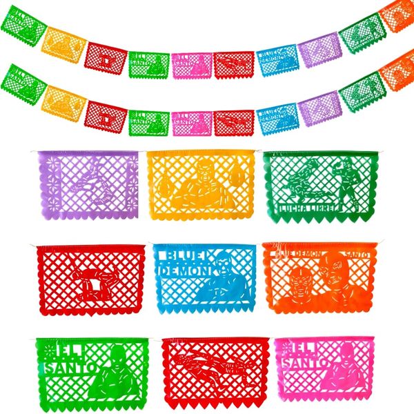 30 Ft Papel Picado Mexican Banner Set, Lucha Libre Plastic Party Banner, Mexican Banner Decorations, Mexican Luchador Party Supplies, 20 Flags of Papel Picado Plastic Nacho Libre Party Decorations