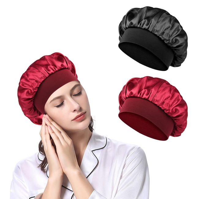 URAQT Satin Sleep Cap, 2 Pack Large Night Head Cover for Women, Soft Comfortable Night Sleep Bonnet Breathable Sleeping Hair Bonnet Cap for Long Curly Hair