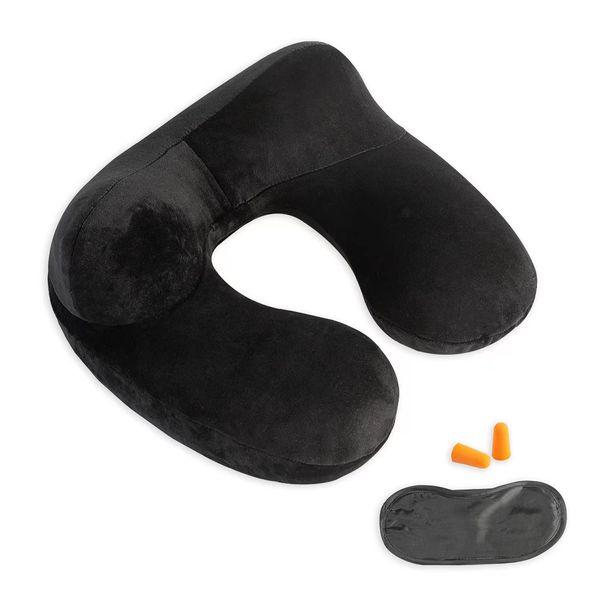 Inflatable Travel Pillow - 100% Soft Velvet Neck Support for Traveling, Airplanes, Trains, Cars, and Offices with Compact Carrying Bag, Breathable and Washable Cover, Ideal for Adult Sleepers -Black