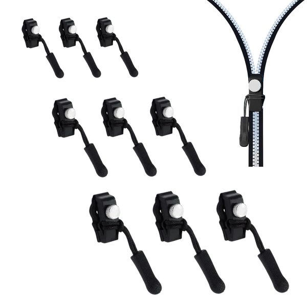 9 PCS Removable Zipper Puller Zip Puller Replacement, Spare Zipper Pullers for Different Sizes of Clothes Wallets Luggage Suitcases Replacement Zipper Instant Zipper Kit Replacement Zip Slider (Black)