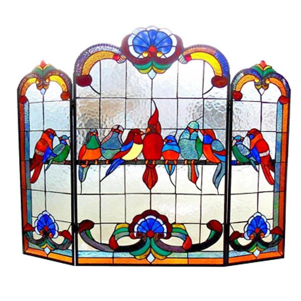 Fireplace Screen Tiffany Style Stained Glass Gathering of Birds   ONE THIS PRICE