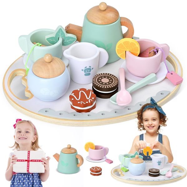 Toy Tea Party Set for Toddlers Girl,Wooden Tea Set Toys for 3-4-7 Year Old Girls ,Play Food Pretend Play for Toddlers…