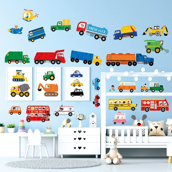 DECOWALL DSL-8064 Construction Vehicles Wall Stickers Transportation Car Truck Decals Removable for Kids Boys Baby Bedroom Nursery Playroom Living Room