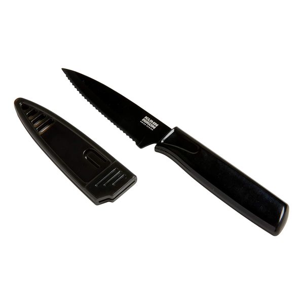 Kuhn Rikon COLORI Non-Stick Serrated Paring Knife with Safety Sheath, 4 inch/10.16 cm Blade, Black