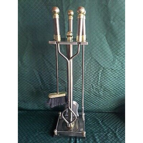 Complete vintage Metal gold Finish 5 PC set lot  FIREPLACE TOOLS  stand ORNATE