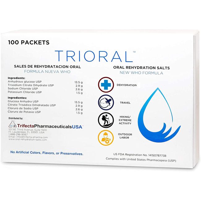 TRIORAL Rehydration Electrolyte Powder - WHO Hydration Supplement Salts Formula - Combat Dehydration from Workouts, Fluid Loss and Much More - 100 Drink Mix Packets