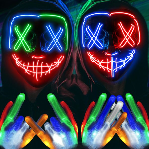 Halloween Mask Skeleton Gloves Set, Halloween Costumes ​Gifts for Men Women Boys Girls, 3 Modes Light Up Scary LED Mask with LED Glow Gloves, Halloween Decorations Scary Scream Anonymous Mask, 2 Pack