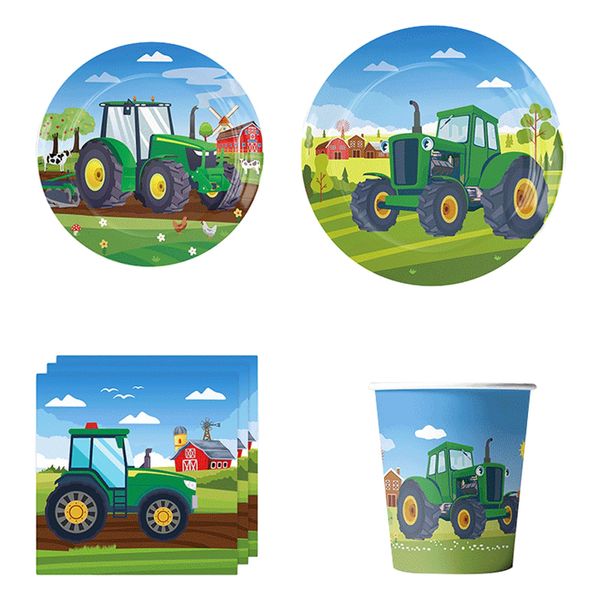 50 PCS Party Tableware Set Farm Tractors Paper Birthday Disposable Paper Plates Cups Napkins Tableware Set for Birthday Wedding Anniversary Decorations Party Supplies (Green)