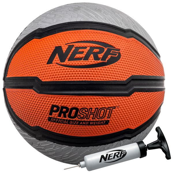 Nerf Indoor + Outdoor Basketball - Proshot Official Size 29.5" Basketball + Air Inflation Pump - Extra Grip Basketball for Gym + Driveway Basketball Hoops - Regulation B7 Basketball - Black/Orange