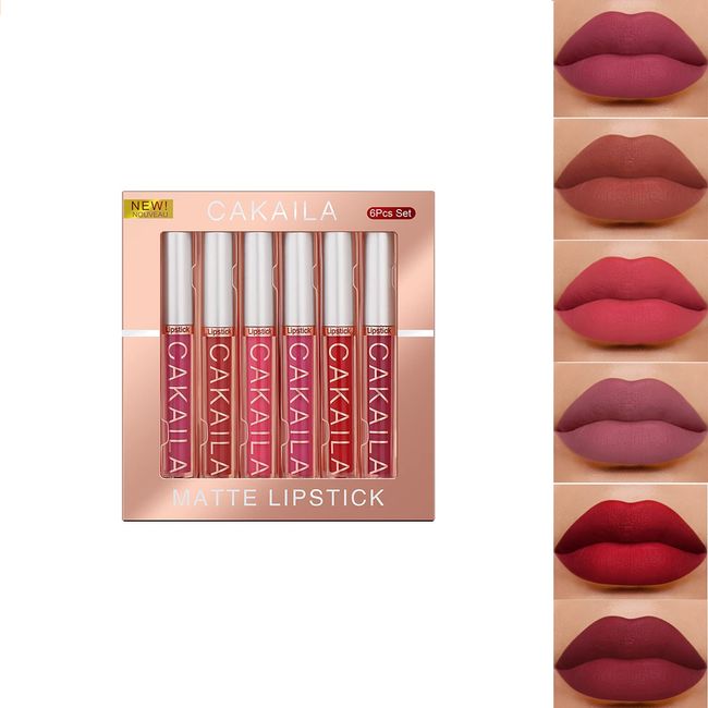 Lipgloss Set, 6 Stück Matt Lippenstift Set- Nudetöne Wasserfest Langlebiger Makeup Lipgloss Antihaft Tasse Nicht Verblassen Wasserdichte Lipstick, langlebiges wasserdichtes Lipgloss(03)