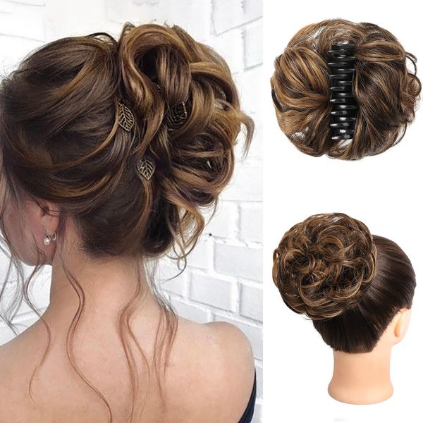 HOOJIH Messy Bun Hair Piece Human Hair, Claw Clip in Hair Bun Extension Short Ponytail Extension Real Human Hair Wavy Curly Updo Hairpieces for Women - Dark Beige Brown with Copper Golden Highlights