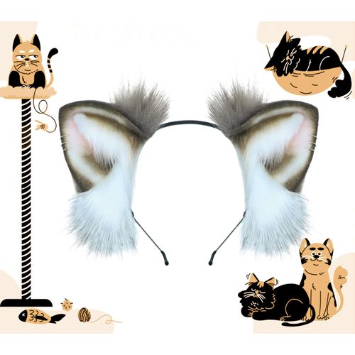 dressfan Faux Fur Cat Ears Headband Cartoon Ragdoll Neko Headwear Carnival Halloween Dress up Accessories,Women&Girls Party Decoration Cosplay Costume Christmas Gifts,Brown+White