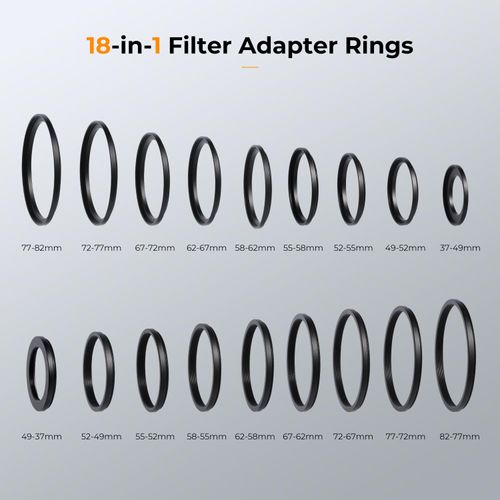 K&F Concept 18PCS Lens Filter Stepping UP and Down Adapter Set 37 49 52 55 58 62 67 72 77 82mm 9PCS Step-Up Rings+9PCS Step-Down Rings 49-52 55-58 58-62 67-72 72-77 77-82 62-58 55-52 82-77