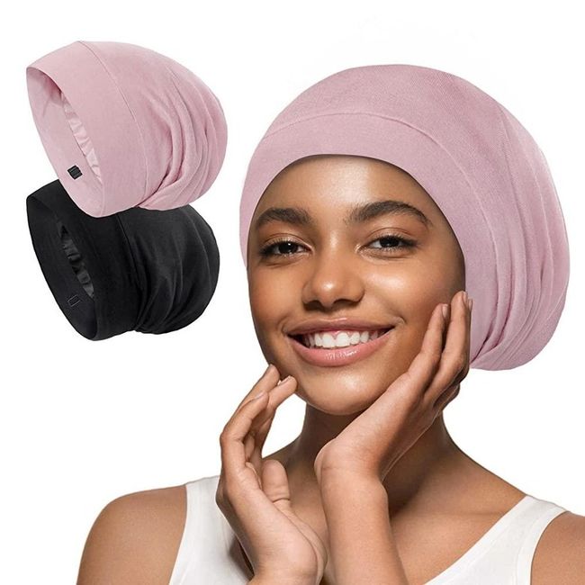 ICooBreeze Sleep Satin Hair Bonnet Silky Lined Sleep Cap Night Wrap for Curly Hair for Women & Men Pink & Solid Black