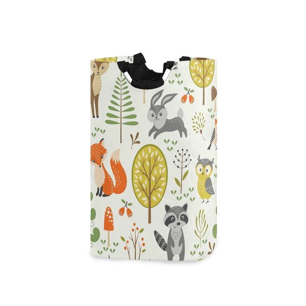 Laundry Hamper Bucket Cute Woodland Animals Trees Mushrooms Berries Collapses Laundry Basket Washing Bin for Home Organizer Nursery Storage Baby Hamper Kids Room