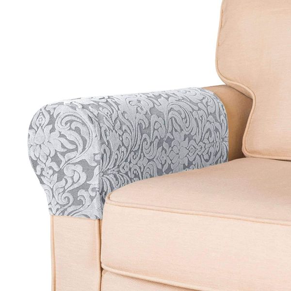 NEKOSUKI Armrest Chair Covers, Set of 2 Jacquard Stretch Armchair Covers with Twist Pins for Arms, Anti-Slip Spandex Polyester Sofa Chair Arm Caps Slipcovers for Furniture Protector (Light Gray)