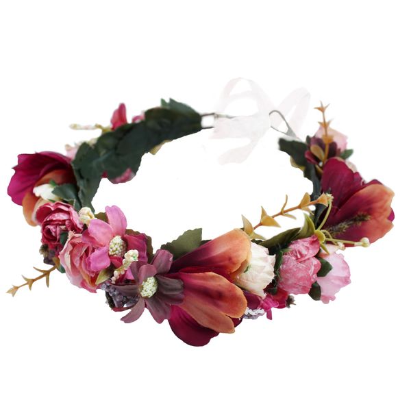 Vivivalue Girl Flower Crown Women Flower Headband Hair Wreath Floral Headpiece Halo Boho with Ribbon Wedding Party Festival Photos