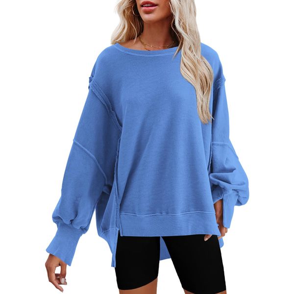 Nirovien Women's Oversized Sweatshirt Crew Neck Long Sleeve Shirts Pullover Long Sleeve Tops(Blue,M)