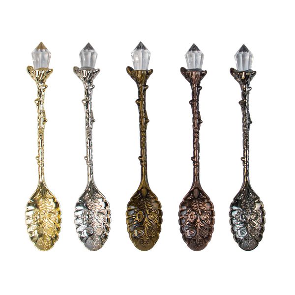 AUEAR, Retro Crystal Antique Alloy Spoon Coffee Tea Spoon Dessert Mini Ice Cream Decorative Spoons Set for Home Office (5 Pack)