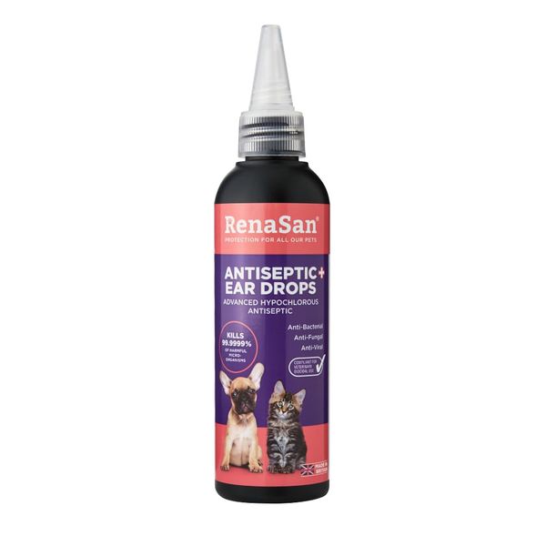 RenaSan Animal Antiseptic Ear Drops (100ml) – Fights Infection, Kills bacteria, Stops Odours, Scratching & Discomfort, Anti-fungal (Yeast), Veterinary-grade, for Dogs, Cats & all other animals