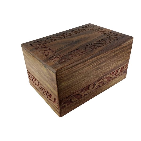 Indian Glance Wooden Urn Box - Urn for Human Ashes Funeral Cremation Urn with Hand Carved Design (Medium 7" x 5" x 3.5" Urn Holds: 80 cu.in.)