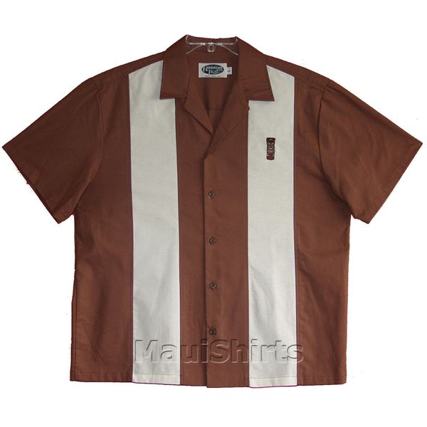 Embroidered Bowling Shirt - Tiki God Men's Hawaiian Aloha Solid Retro Panel Cotton Shirt in Brown - S