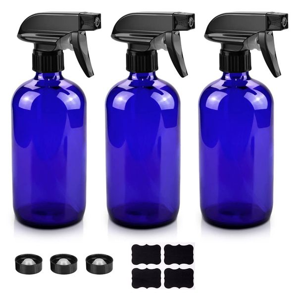 Worldgsb Glass Spray Bottles, 16oz Blue Glass Spray Bottles with Labels & Adjustable Nozzle, Reusable Containers for Cleaning, BBQ, Food, Plants, Alcohol, Essential Oils(3 Pack)