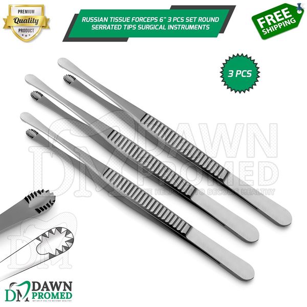 Russian Tissue Forceps 6" 3 Pcs Set Round Serrated Tips Surgical Inst German Gr