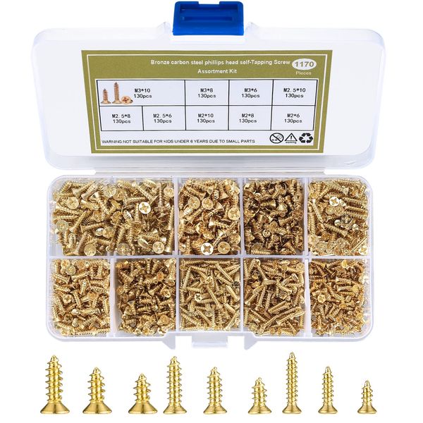 1170 Pcs Small Wood Screws, M2 M2.5 M3 Self Tapping Screw Assortment Kit, Gold Micro Flat Head Cross Head Wood Screws Fasteners, Self Drilling Screws for Door Hinge DIY Decorative