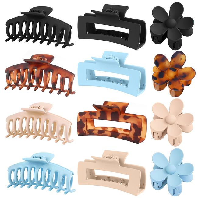 Cafultgo 4 Colors Big Hair Claw Clips For Thin Thick Hair , 3 Styles Medium Hair Clips For Women and Girls– 4 Square Matte, 4 Neutral Matte Hair Clips and 4 Flower Claw Clips (12 Pcs)