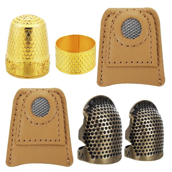 Yolev 6 Piece Sewing Thimble Adjustable Metal Finger Shield Ring and Leather Coin Finger Protectors, Sewing Thimble Rings Cap for Knitting Quilting DIY Craft Tools