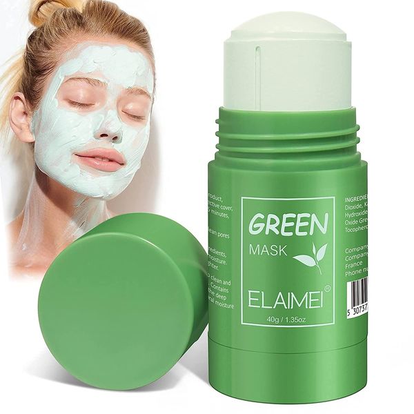 Green Tea Mask Stick,Stick per maschera detergente al tè verde, maschera solida, maschera purificante all'argilla, viso idratante per il controllo dell'olio, pulizia profonda dei pori