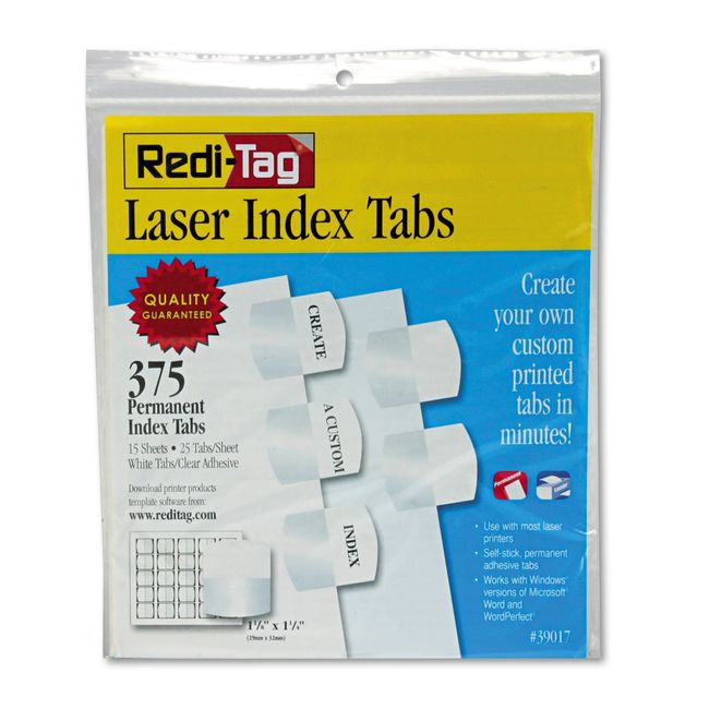 Redi-Tag Laser Printable Index Tabs, 1/5-Cut, White, 1.13" Wide, 375/Pack