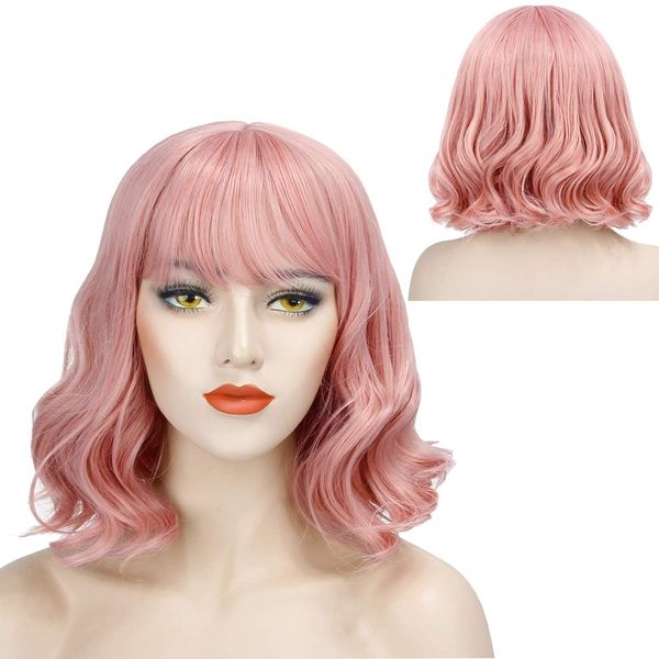 Discoball Pink Wigs Women Wigs Short Pink Wig Short Curly Wig Charming Lady Bob with Fringe Wave With Wig Cap for Women Cosplay Party Daily Use