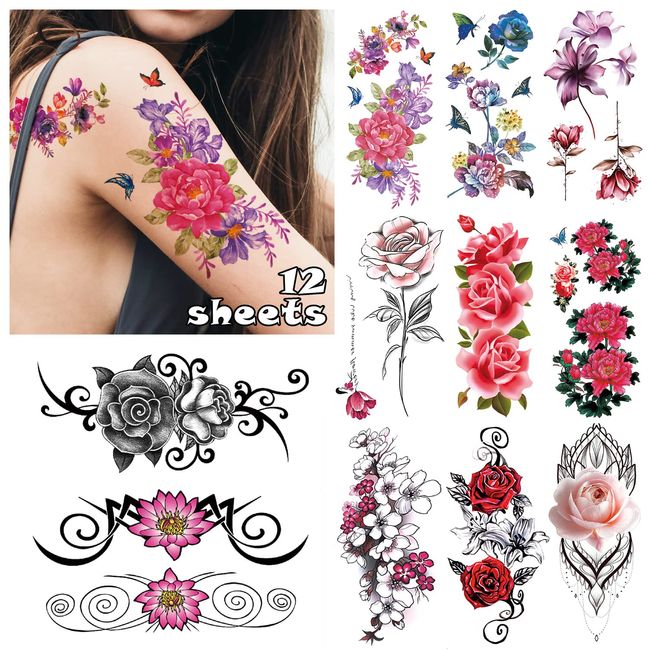 LEADTEAM 12 Blätter Fake Tattoos, Temporäre Tattoos 3D Farb Tattoo Rose Tattoo Blume Tattoo Arm Tattoo, Klebe Tattoos Erwachsene Tatoo Aufkleben Damen Temporary Tattoo Männer Fake Tattoos Frauen