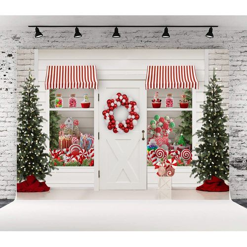 Lofaris Winter Christmas Backdrop for Photography Merry Xmas Sweet Candy Storefront Cottage Santa's Wreath Shiny Trees Background Kids Birthday Party Supplies Portrait Photoshoot Props 10x7ft