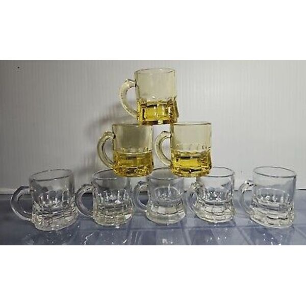 Vtg Set 8 Federal Amber & Clear Glass Yellow Mini Beer Mug Jigger Shot Glasses