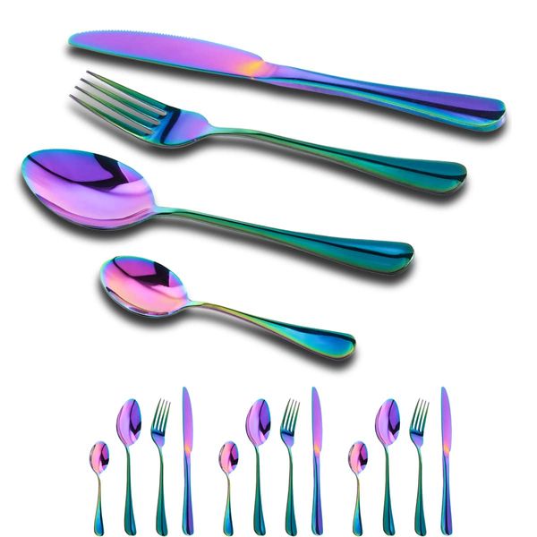 GOODFEER Cutlery Set,16-Piece Stainless Steel Cutlery for 4 People Dinner Spoon Knife and Fork Sets, Tableware and Flatware Rainbow Cutlery