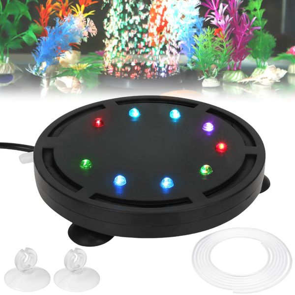 GOMETY Aquarium Luftstein LED Sprudelstein, 125mm Aquarium Ausströmerstein Sauerstoffstein Luftblasen Ausströmerstab Bubble Diffusor für Aquarie Fisch Tank Deko Luftsteinscheibe mit Schlauch Saugnapf