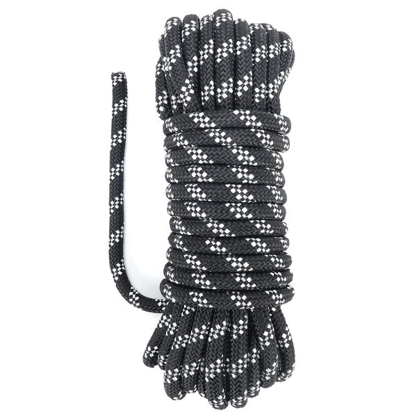 YCZS Nylon Rope, 0.3 inches (8 mm), Length 32.8 ft (10 m), 6 Cores, Reflective Material, Nylon Cord, Load Capacity 750.4 lbs (340 kg), For Camping, Outdoor Use, Black