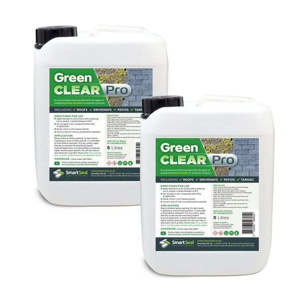 SmartSeal Green Clear Pro (Formerly Moss Clear Pro) - Powerful Green Algae Remover - Easy To Apply Best Mould, Lichen & Black Mould Remover - Perfect Roof Cleaner & Driveway Cleaner - (2x5 Litres)