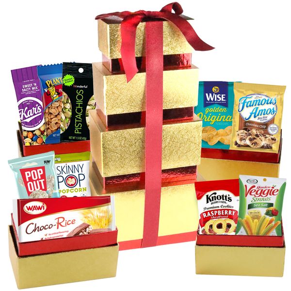 Gourmet Food Gift Basket 4 Box Tower Popcorn,Chocolate, Chips, Pistachios, Peanut, Snack Box, Sweet & Savory Treats for Christmas, Valentines Day, Easter, Parties for Women, Men, Her, Him