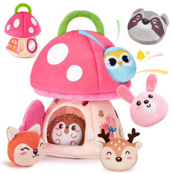 hahaland Baby Girl Toys 6-12 Months - My First Mushroom House with Stuffed Jungle Animals, Rattle, Crinkle Paper, Mirror - Busy Sensory Montessori Toys for Toddlers 1 Year Old Girl Gifts