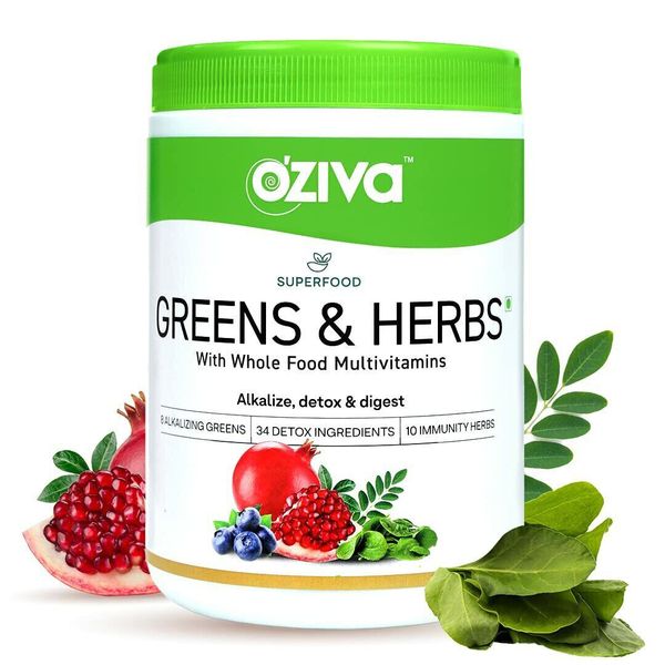 OZiva Superfood Greens & Herbs Supergreens powder & 34 Detox Ingredients 250g ,