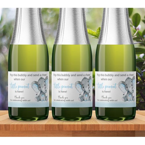 Set of 18 Mini Champagne Labels, Boy Baby Shower, Baby Sprinkle, Blue Little Peanut Elephant M501-E-18