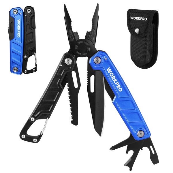 WORKPRO Multitool-11 in 1 Multitool Pliers with Pocket Clip and Sheath-EDC Multi Tool Knives with Safety Lock-Camping Tools Pocket Knife with Screwdriver Saw Blade Wire Cutter and Bottle Opener-Blue