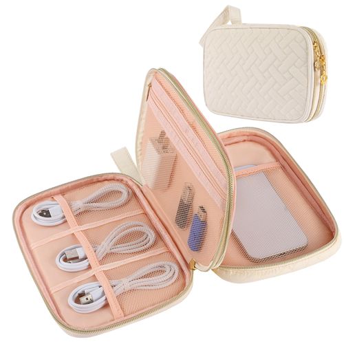 Electronics Organizer Travel Case, Charger Bag Cord Organizer Travel, Compact Tech Pouch Cable Organizer Bag for Charger, Cords, Phone, Headphones, Flash Drive, SD Card (Beige, Small-Double Layer)