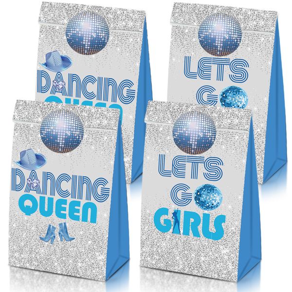 HAPPARTY Dancing Queen Party Favor Gift Bags 24Pcs with Disco Ball Stickers,for Dancing Queen 17th Birthday Goodie Bags Music Opera Mia Party Decorations,Blue Let's Go Girl Candy Treat Bags